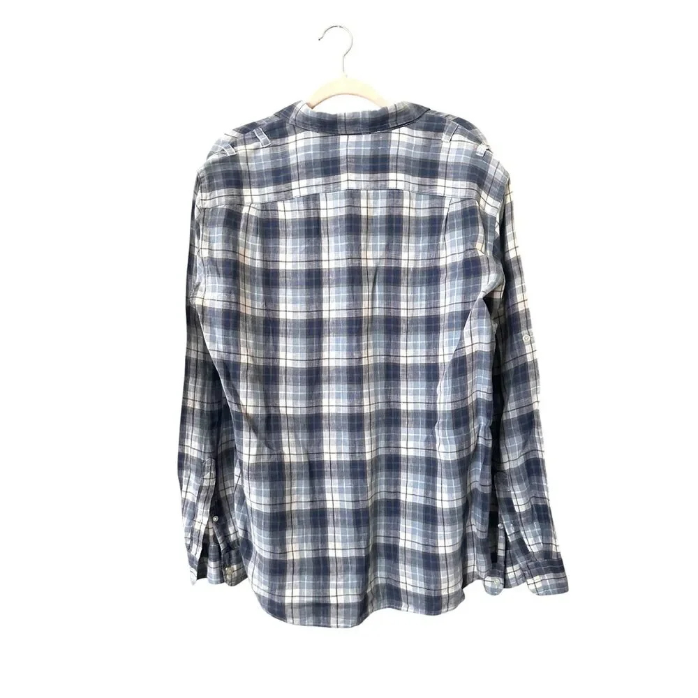 JCREW Irish Linen Plaid‎ Button Down Blue Large